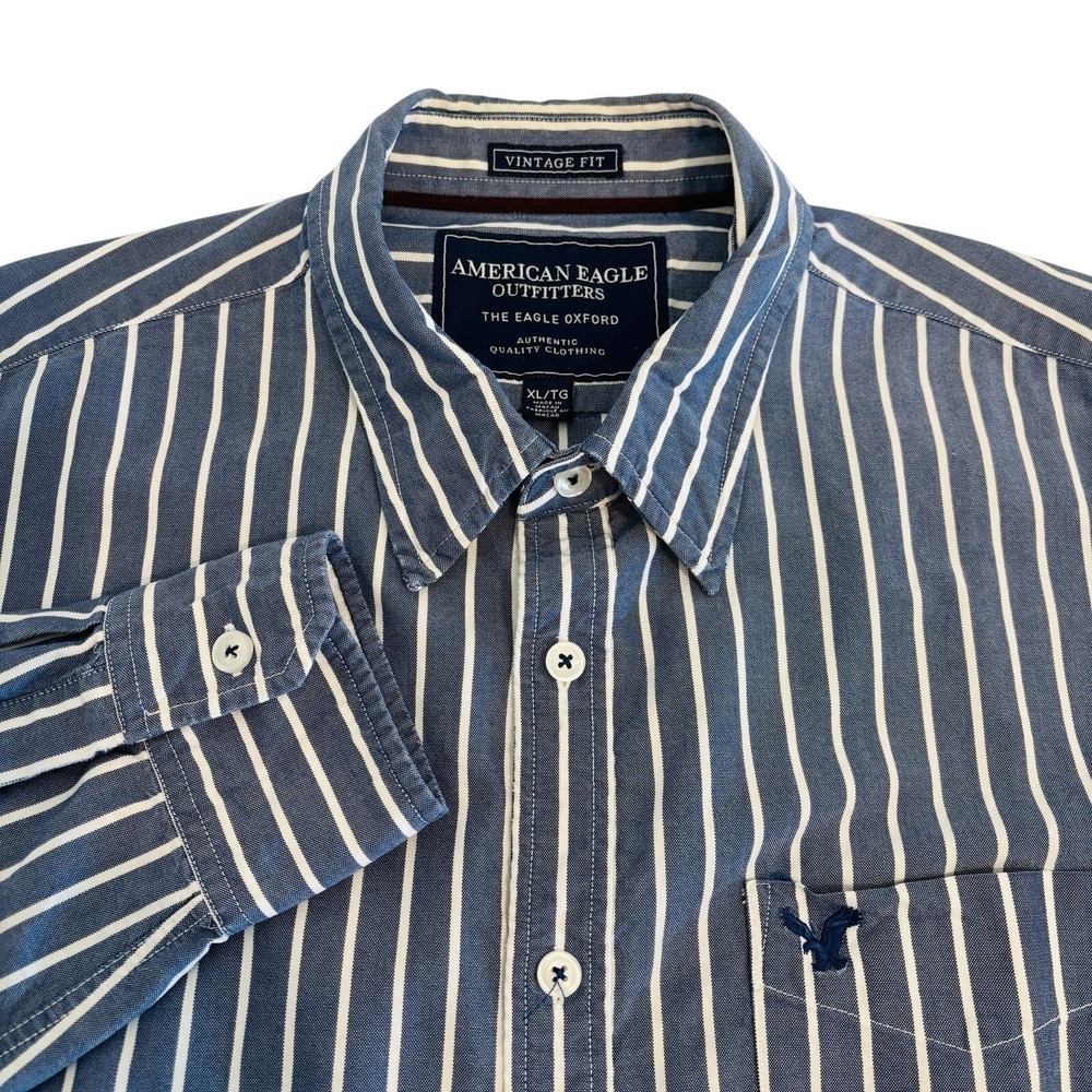 American Eagle Oxford Shirt Mens XL Blue White Striped Button Down Work Office